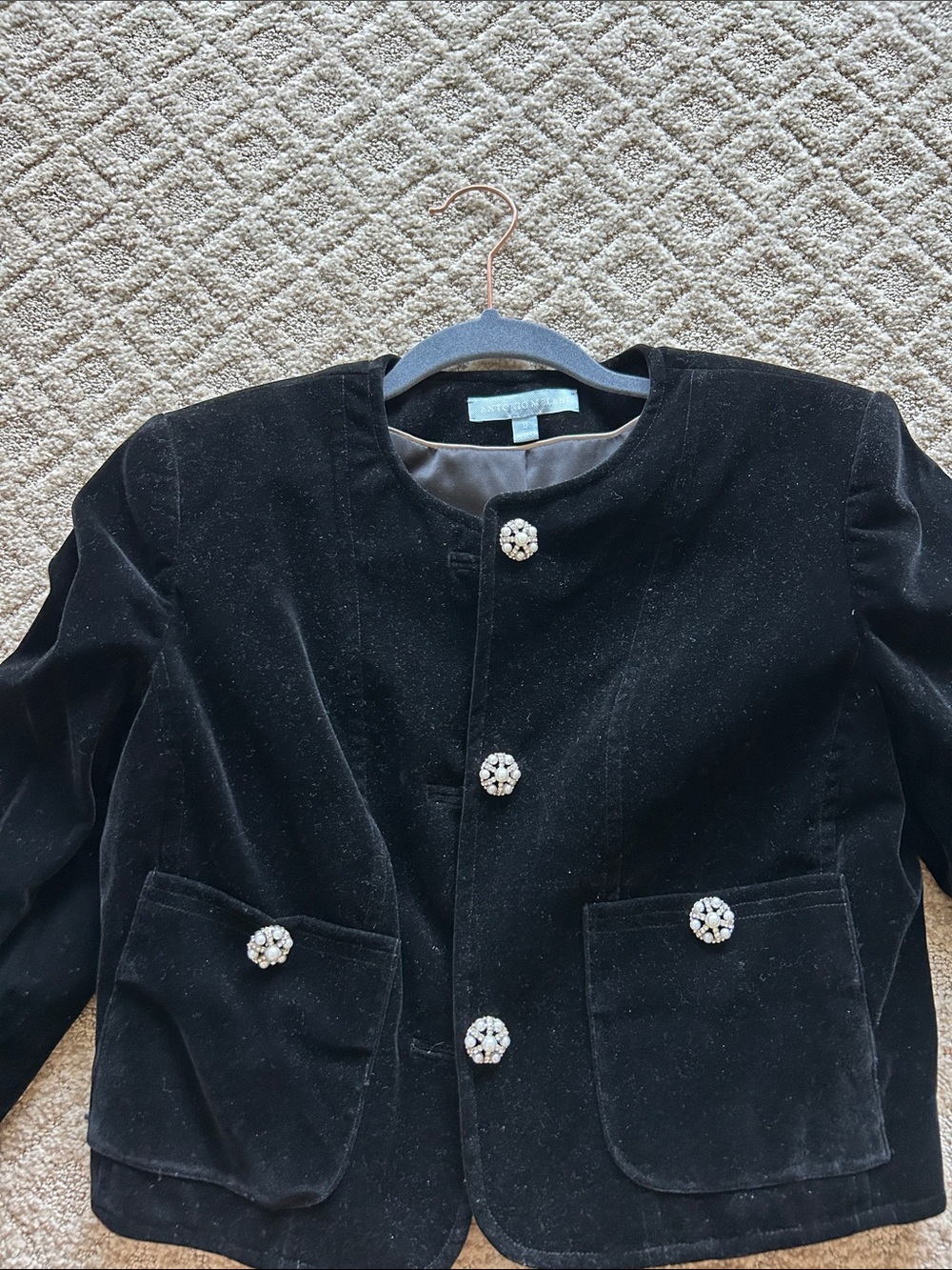 Antonio Melani Black Velvet Button-Front Jacket with Decorative Pearl Buttons.